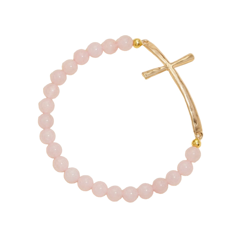 Stone Bead Stretch Bracelet with Hammered Gold Cross