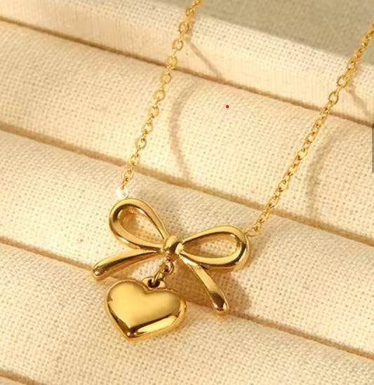 Gold Tone Bow & Heart Necklace