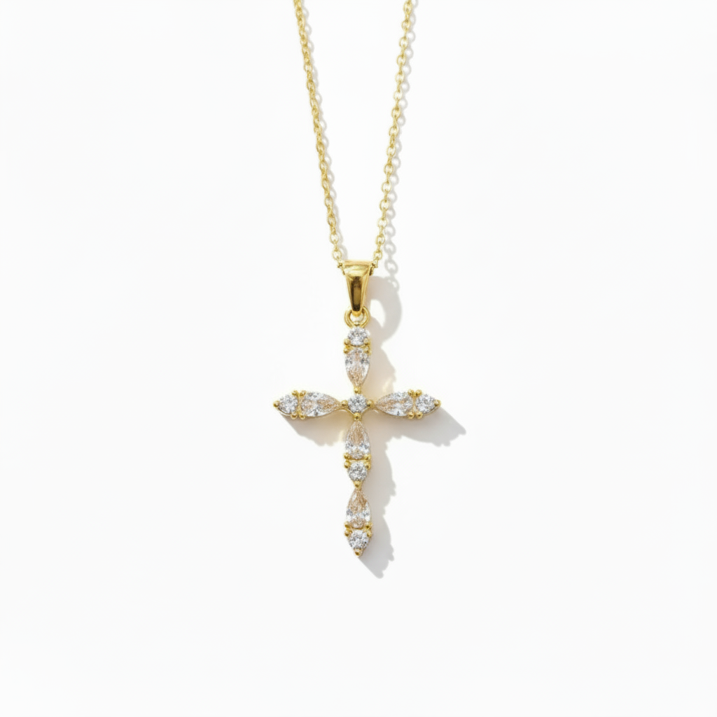 Crystal Cross Pendant Necklace - Gold or Silver