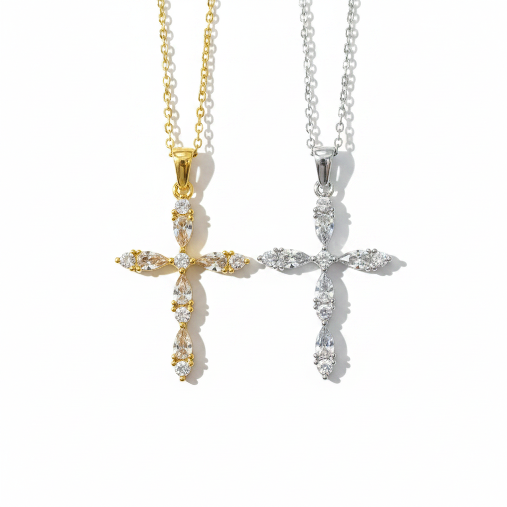 Crystal Cross Pendant Necklace - Gold or Silver