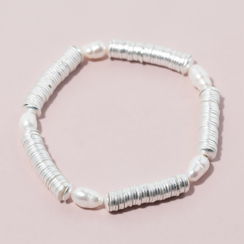 Silver Heishi Beaded Stretch Bracelet with Pearl Accents