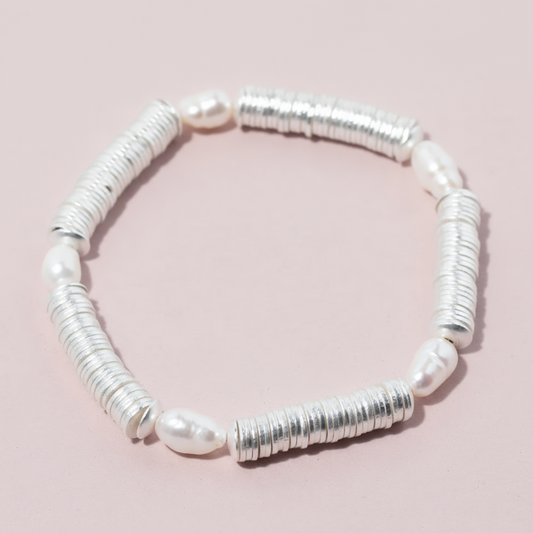 Silver Heishi Beaded Stretch Bracelet with Pearl Accents
