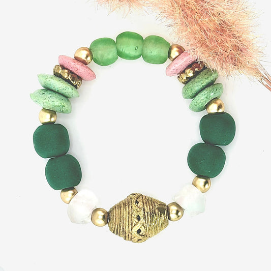 Green Glass Bracelet with Brass Accents