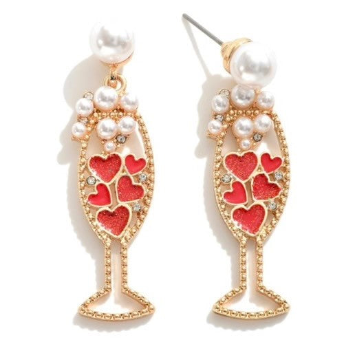 Red Bead & Pearl Wine Glass Earrings