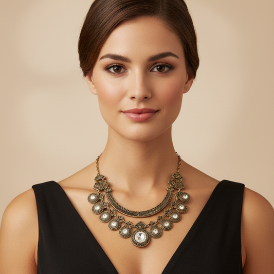 Antique Gold Crystal Medallion Bib Necklace