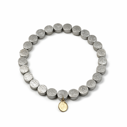 Pewter Textured Disc Bracelet with Gold Charm