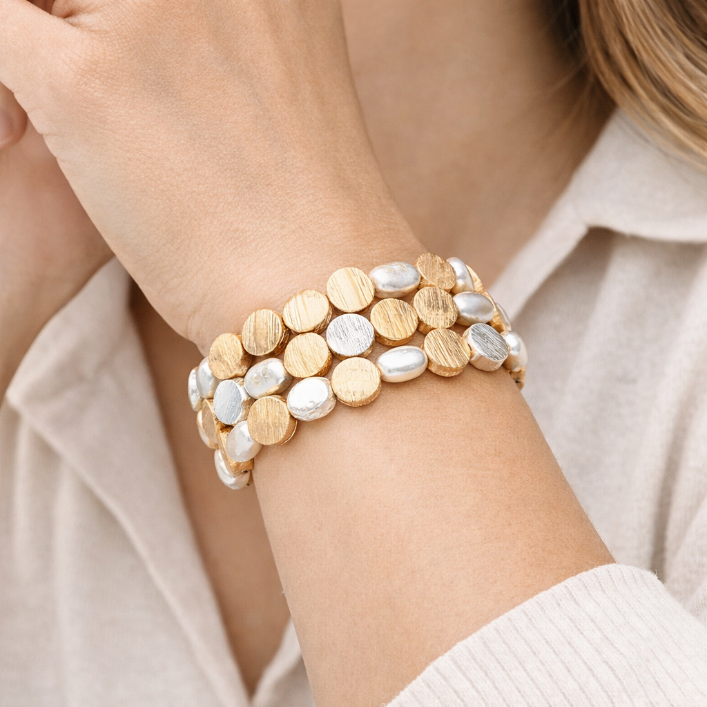 Brushed Metal Disc Bracelet Stacks with Pearls