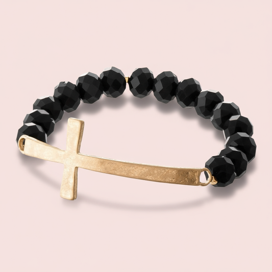 Faceted Bead Bracelet with Cross - Black