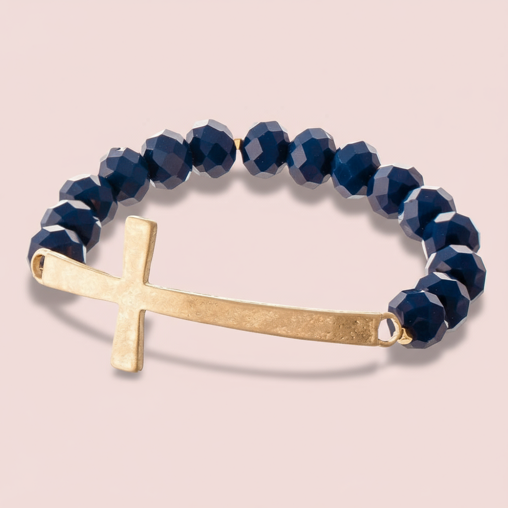 Faceted Bead Bracelet with Cross - Navy
