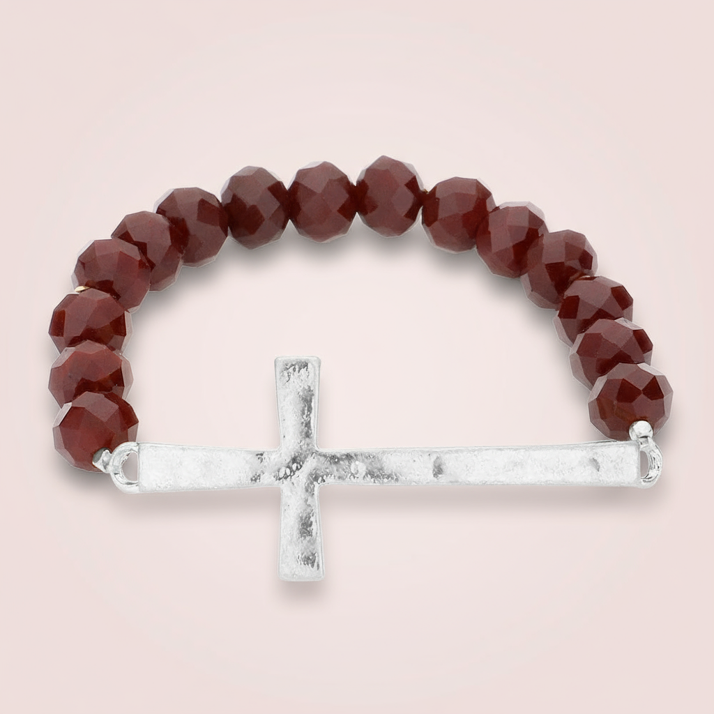Faceted Bead Bracelet with Cross - Wine