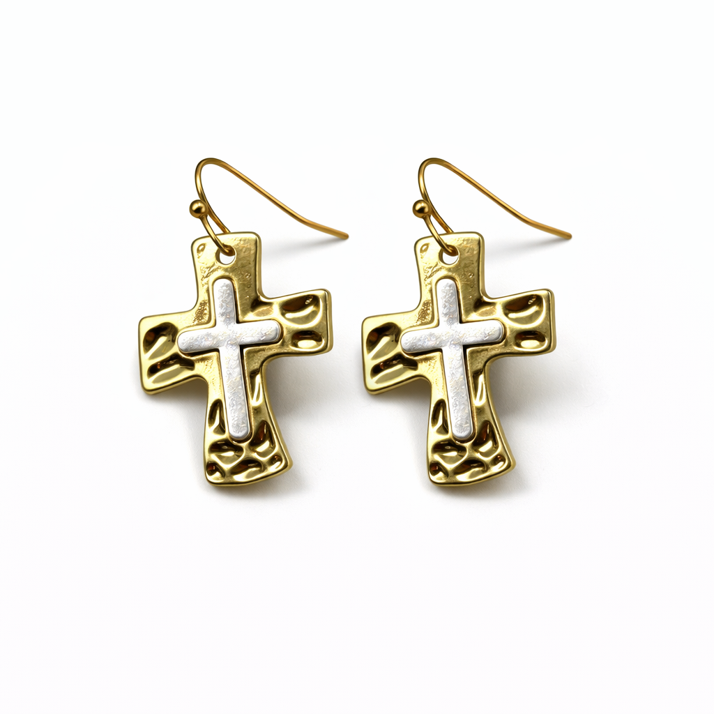 Two-Tone Cross Earrings with Cutout Design (Gold or Silver)