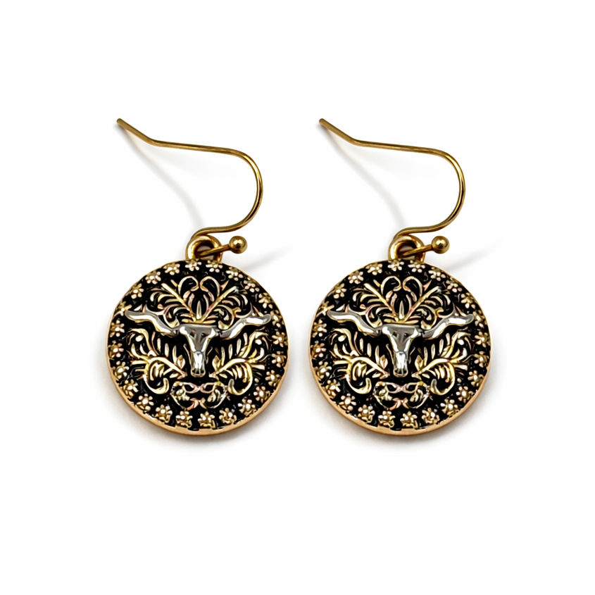 Texas Longhorn Medallion Earrings