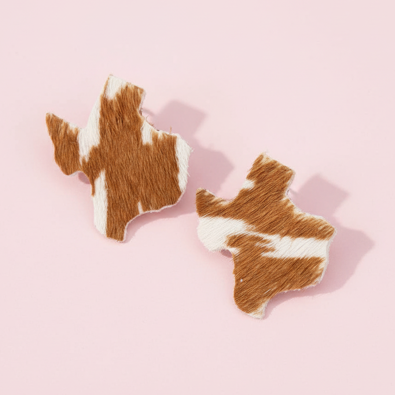 Genuine Leather Texas Earrings Brown/White Square