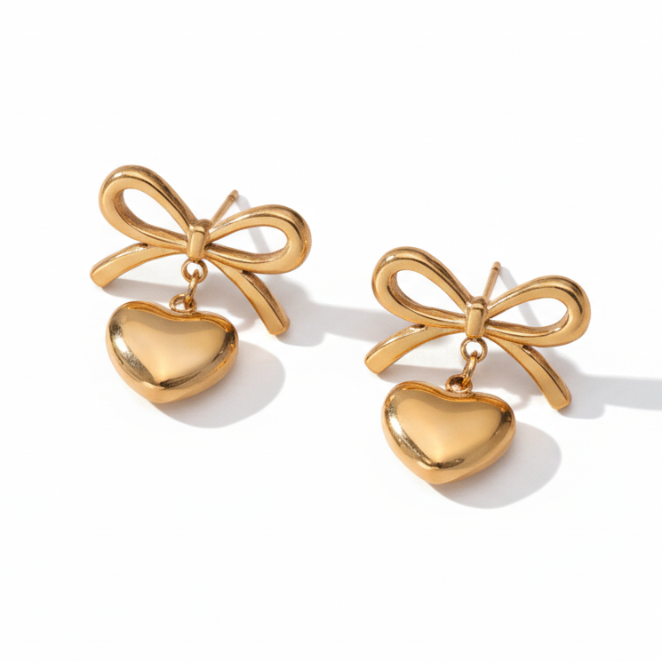 Gold Plated Bow & Heart Earrings - White Background