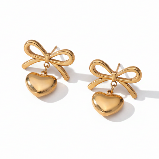 Gold Plated Bow & Heart Earrings - White Background
