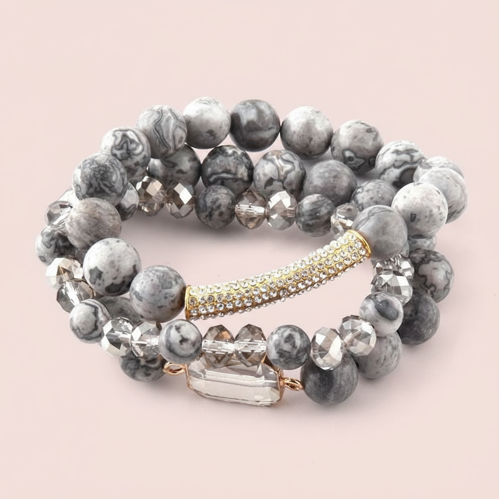 Gray Beaded Bracelet Trio 1