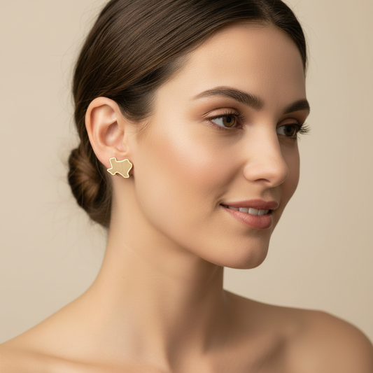 Female model wearing Texas Brushed Gold Stud Earrings