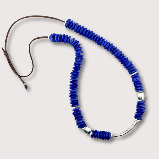 Blue Ashanti Saucer Bead with Silver Accent Beads