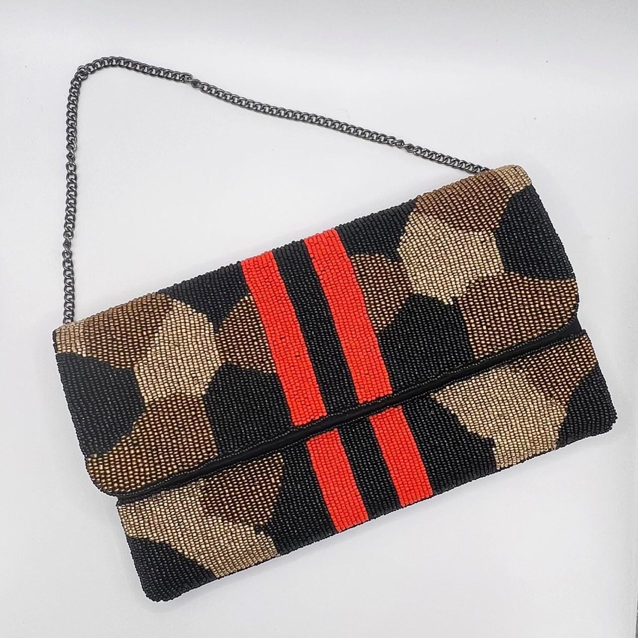 Hand Beaded Clutch Bag - Leopard Print with Strip
