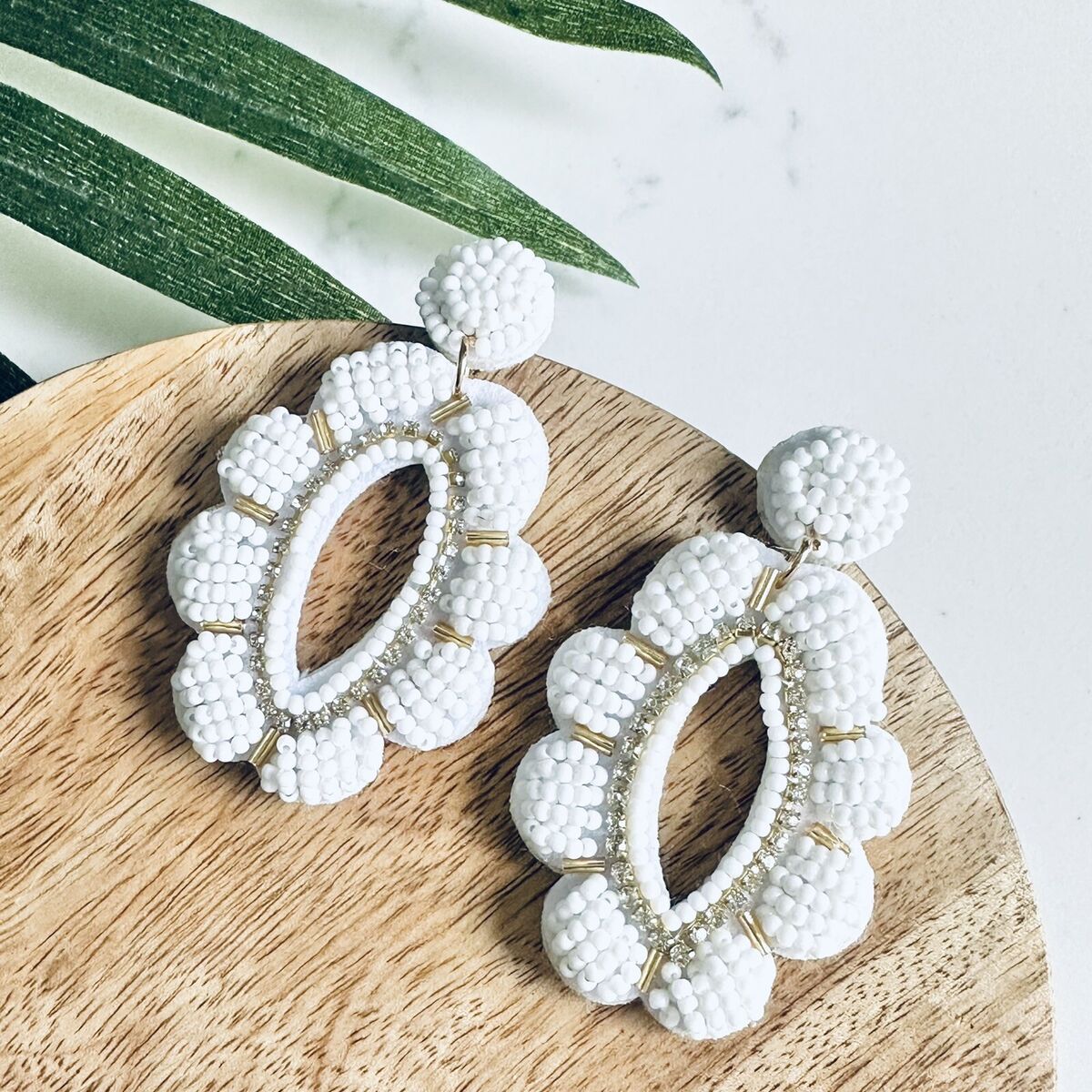 Beaded Flower Earrings with Rhinestone Accents - White