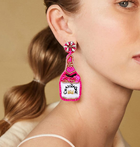 Pink Bead Champagne Bottle Earrings