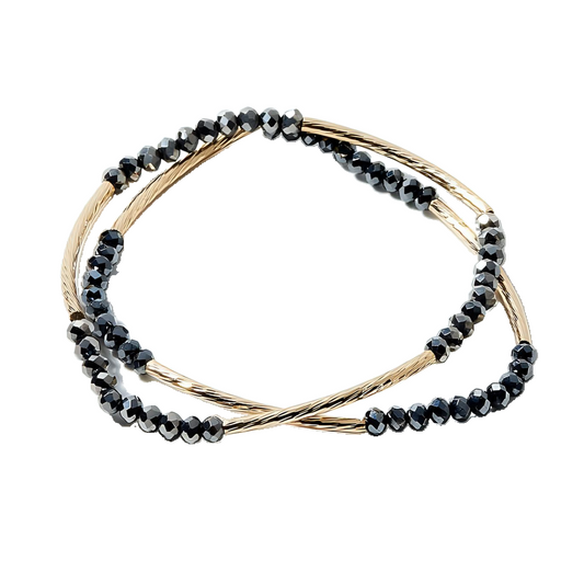 Delicate Black Bead & Gold Tube Bracelets