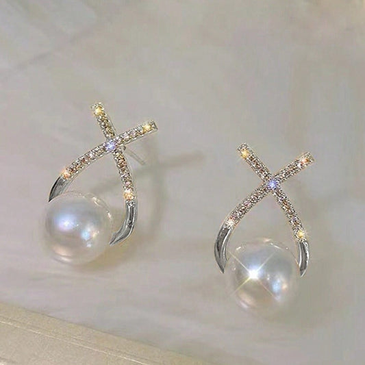 Faux Pearl and Rhinestone Stud Earrings
