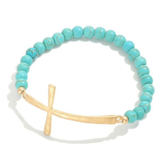 Stone Bead Stretch Bracelet with Hammered Gold Cross