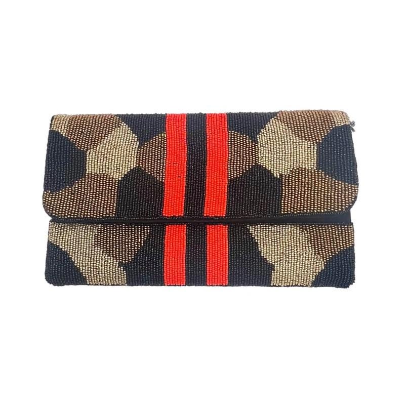 Hand Beaded Clutch Bag - Leopard Print with Strip