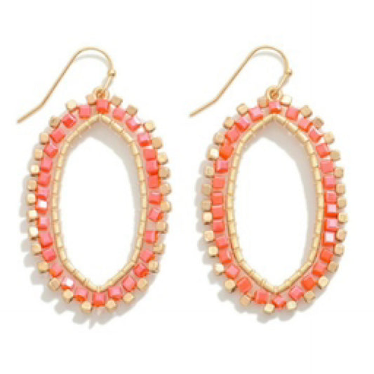 Oval Beaded Drop Earrings - Coral