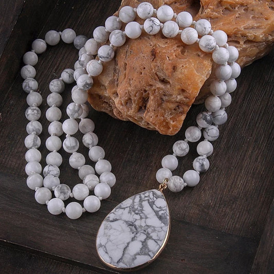 White Howlite Bead Necklace with White Pendant
