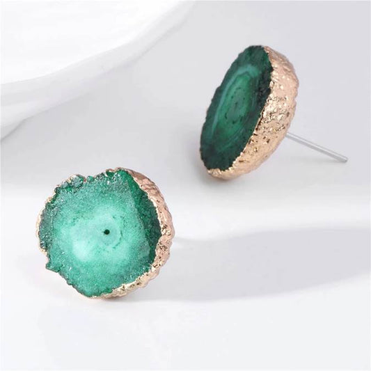 Natural Druzy Agate Crystal Stud Earrings - Green