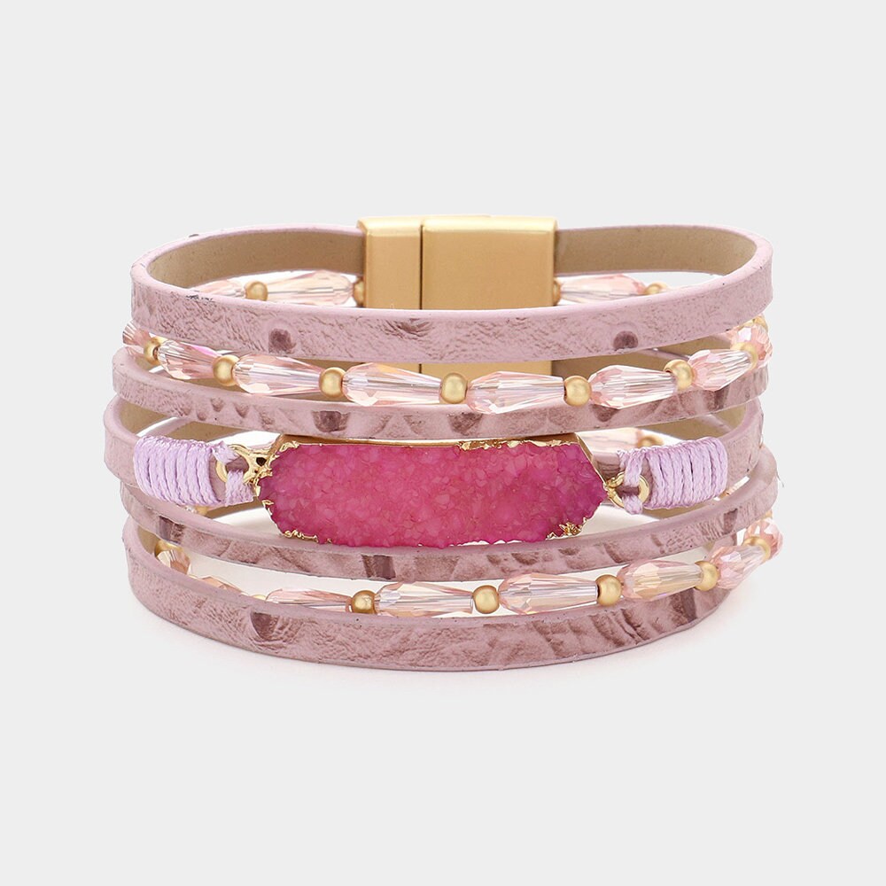 Pink Multi-Strand Leather Druzy Band Bracelet