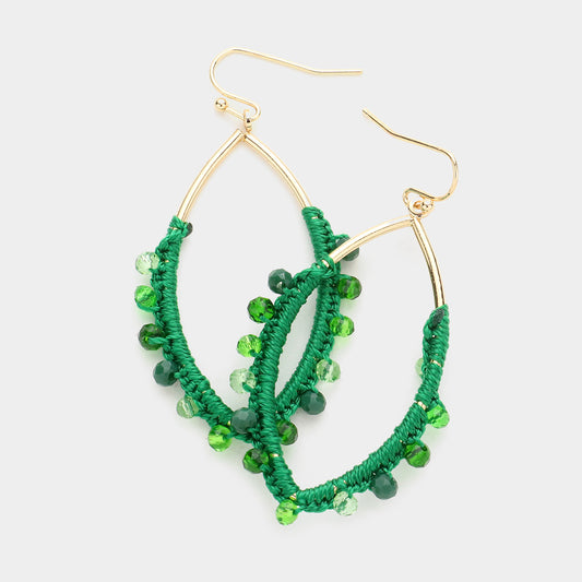 Green Thread Wrapped Beaded Angle Earrings