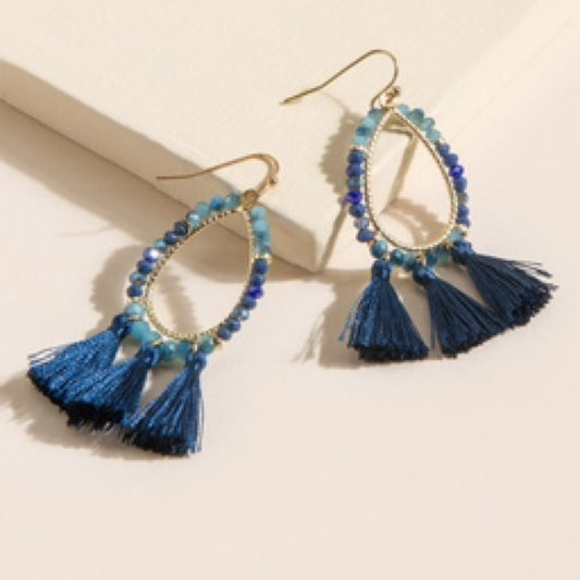 Blue Tassel Beaded Earrings