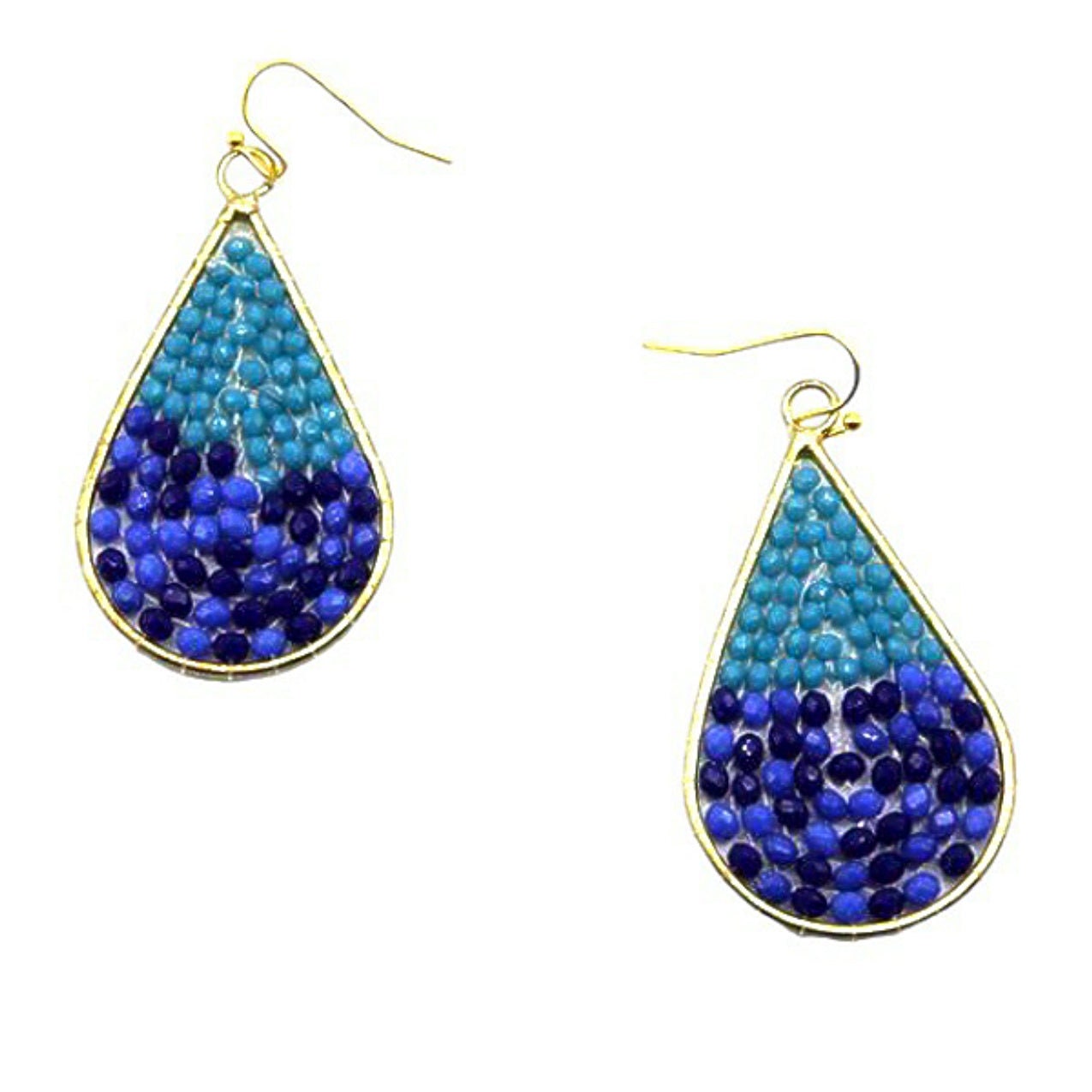 Blue Beaded Tear Drop Dangle Earrings