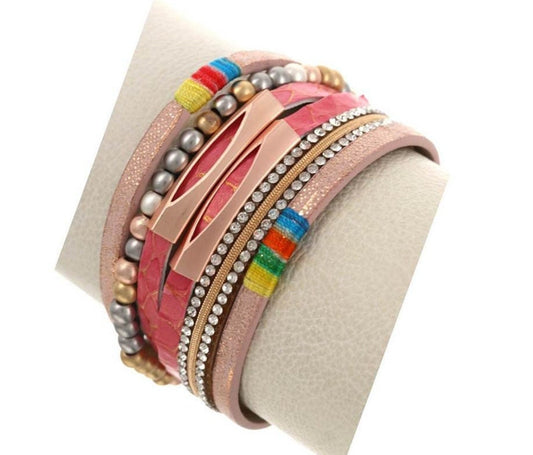 Pink Multi-Strand Leather Rhinestone Band Bracelet