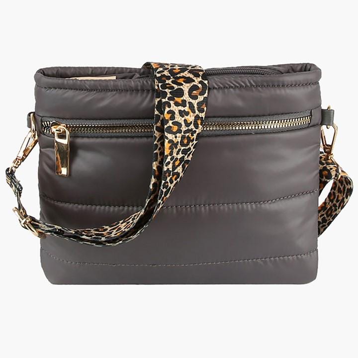 Charcoal Puffer Cross Body Bag w/Leopard Strap