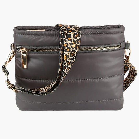 Charcoal Puffer Cross Body Bag w/Leopard Strap