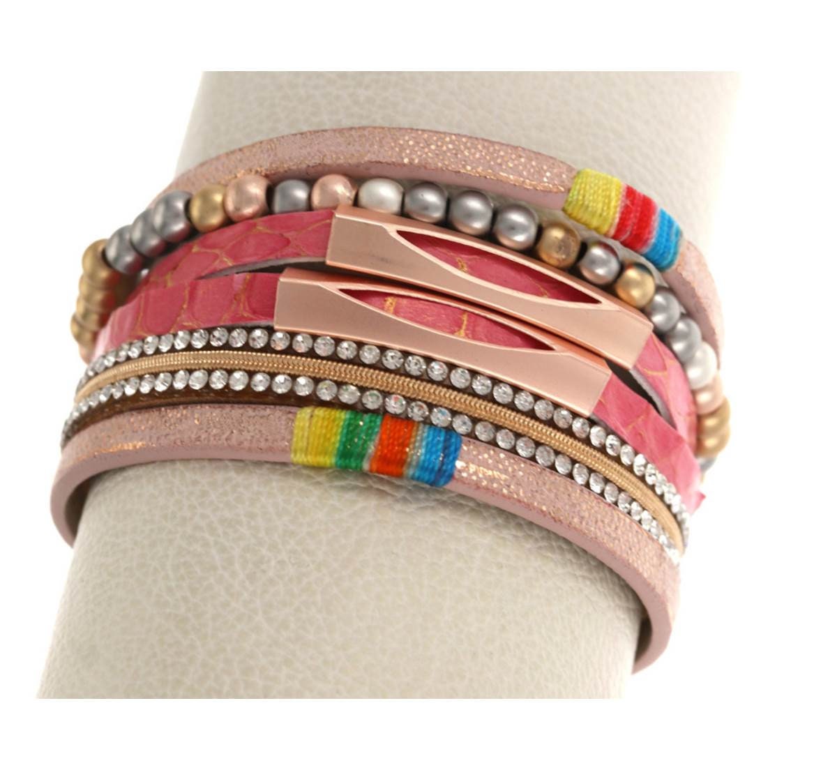 Pink Multi-Strand Leather Rhinestone Band Bracelet
