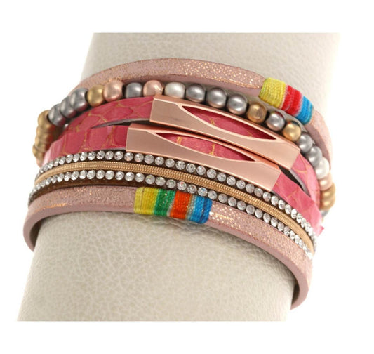 Pink Multi-Strand Leather Rhinestone Band Bracelet