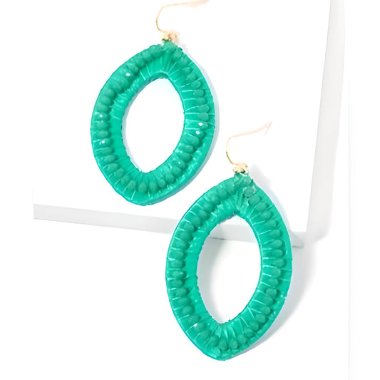 Green Bead and Raffia Oval Earrings