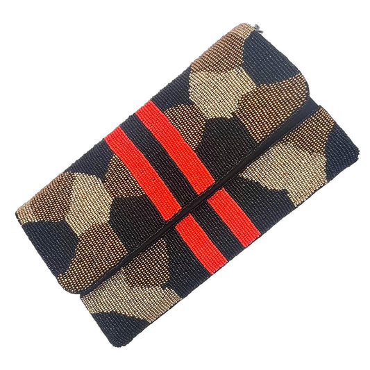 Hand Beaded Clutch Bag - Leopard Print with Strip