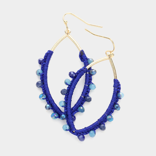 Blue Thread Wrapped Beaded Angle Earrings
