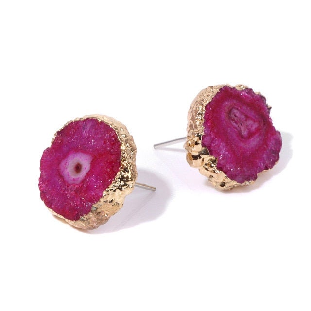 Natural Druzy Agate Crystal Stud Earrings - Pink