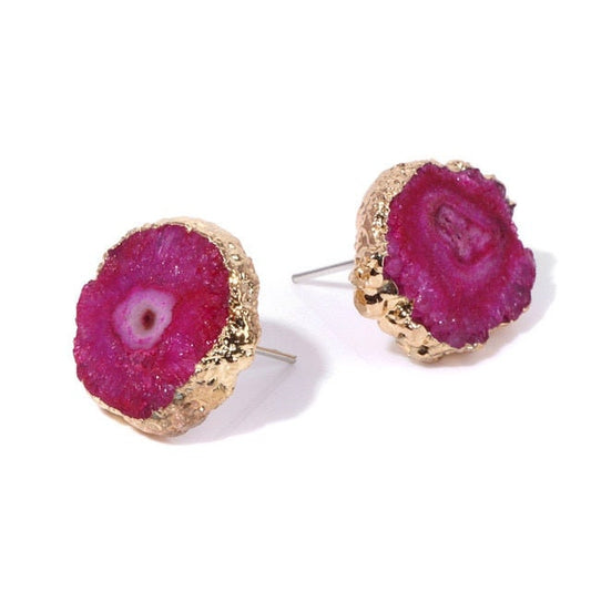 Natural Druzy Agate Crystal Stud Earrings - Pink