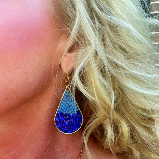 Blue Beaded Tear Drop Dangle Earrings
