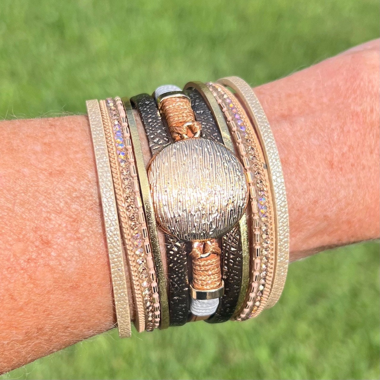 Golden Multi-Strand Leather Wrap Bracelet