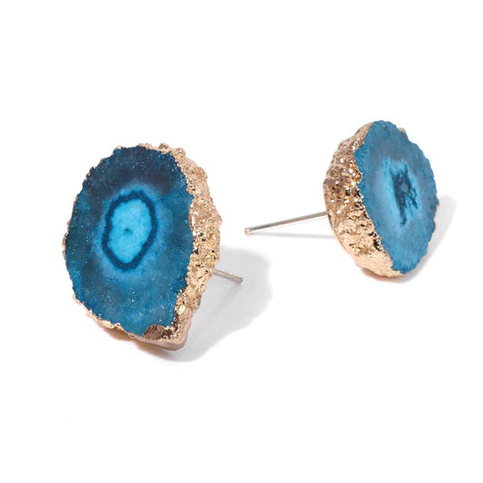 Natural Druzy Agate Crystal Stud Earrings - Blue