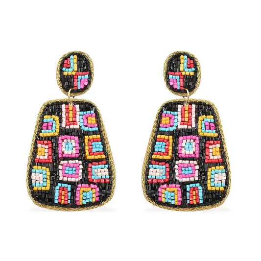 Black Boho Seed Bead Drop Earrings